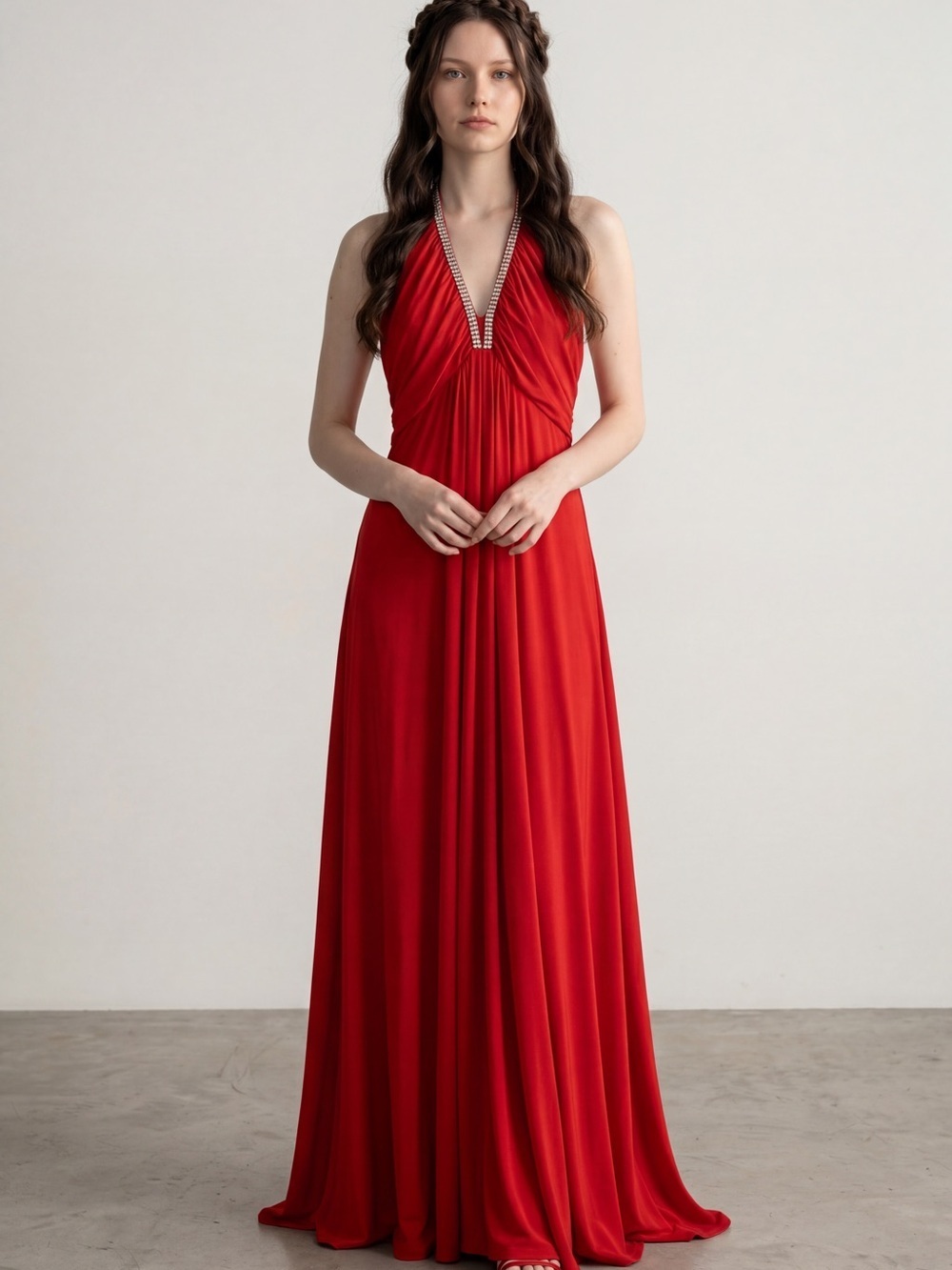 Vintage 70s red halter rhinestone maxi dress Old Hollywood Special occasion